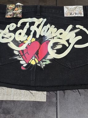Ed Hardy Black Mini Skirt with White Logo and Multicolor Accent